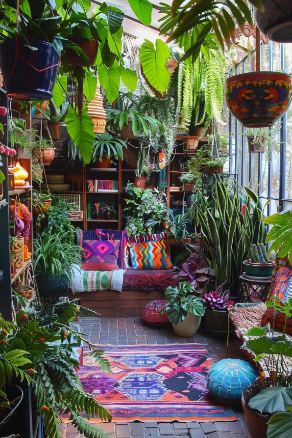 This bohemian garden overflows with an eclectic mix of plant species, planters and colors. Every corner of the room becomes a kaleidoscope of foliage thriving in artful disarray.