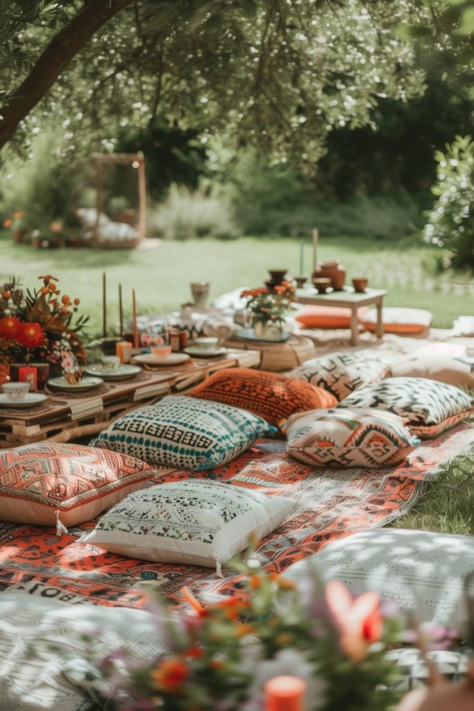 A picnic blanket offset with patterned cushions and flanked by low tables awaits the joy of shared meals and laughter under the open azure sky.