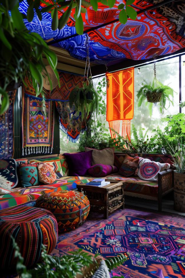 A fluttering textile canopy and bold patterns play over shade parts of this boho garden from the sun. It also transports everyone beneath it to distant lands without leaving the comfort of your home.