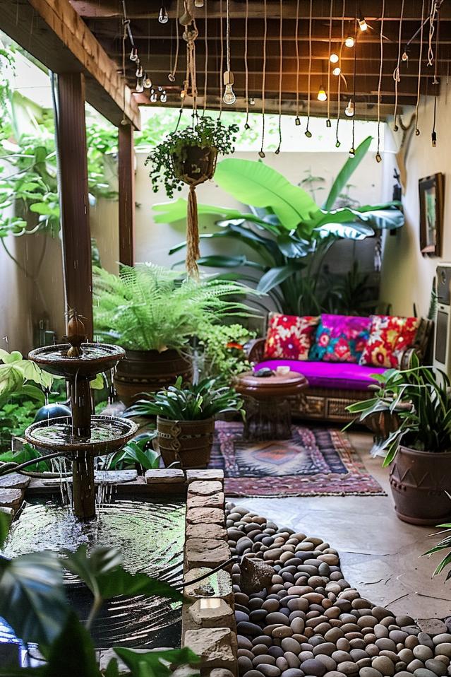 The calm waters of water from a handcrafted fountain provide both an eye-catching decorative element and the calming water to this boho garden. It combines the calming natural tones with the soulful atmosphere of the room.