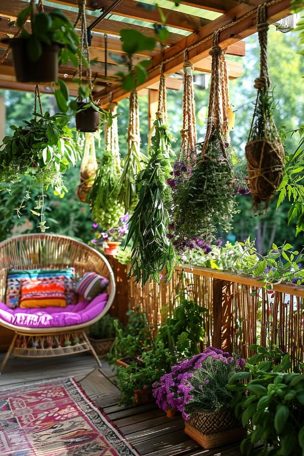 An herb drying rack hanging invitingly in the breeze becomes a statement of functionality and charm. On this colorful boho-inspired rack, herbs, the herbs, slowly release their fragrant secrets.