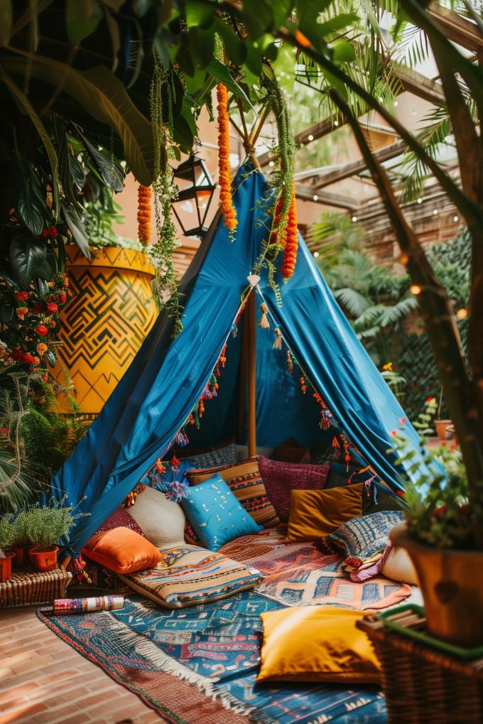 A hidden electric blue teepee or yellow yurt wrapped in a medley of fabrics and filled with plush floor cushions stands ready as a fun escape in a busy and beautiful boho garden.