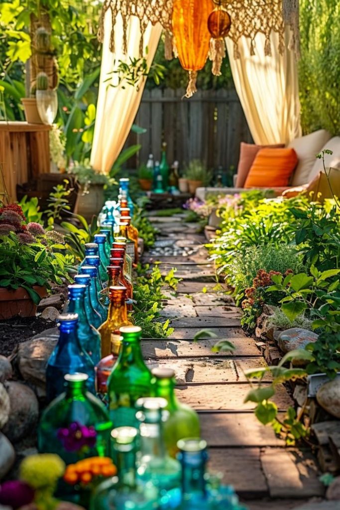 The sun catches blues, greens and yellows in small garden beds. Each bottle is a vibrant jewel against the earthy ground tones, adding shimmer to this plant house.