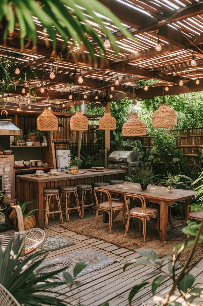 Enjoy alfresco delights in a sweet outdoor kitchen space that's perfect for your boho garden. Here, rustic work and a charming restaurant promise culinary creativity under the sun and stars.