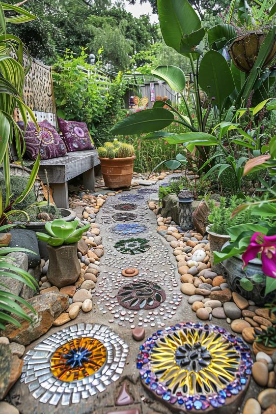 Handcrafted jumping stones with colored glass and pebbles create a joyful boho garden path that skips and dances through vibrant and <a href=