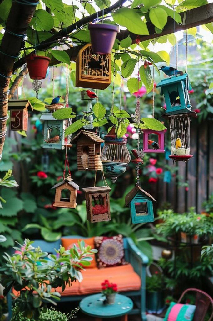 This boho garden features a miniature and colorful wooden village. Hesitant avian abodes hung from branches and posts while its feathery inhabitants killed their own soundtrack.