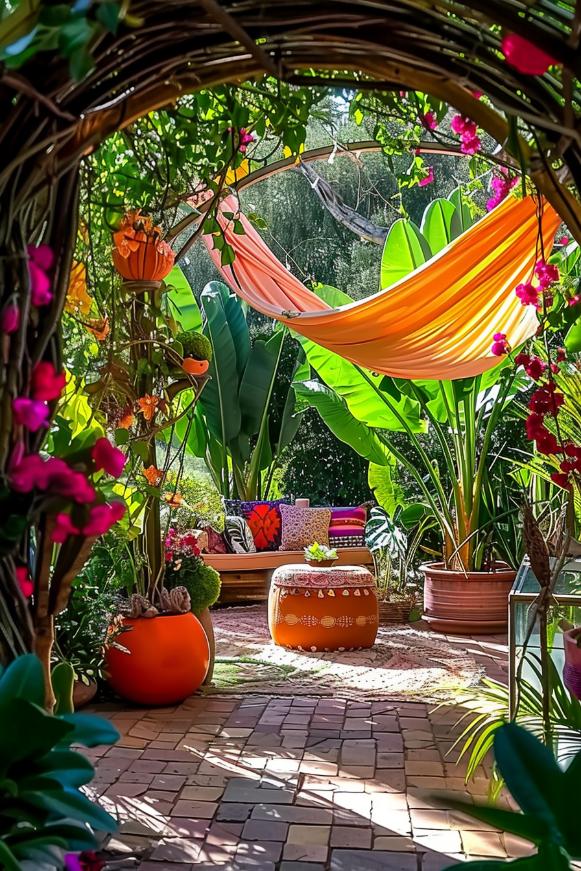 As enchanting as a portal to another world, a moon gate entrance framed by flowering vines creates a fun way to enter a mystical boho garden. It is perfect for lovers of fantasy novels because it feels like stepping into another land. 