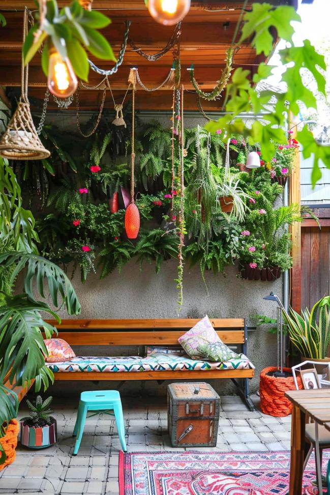 A vertical garden wall stands tall, its layers lush with foliage and multicolored flowers. It brilliantly adds greenery to a pretty boho garden without taking up valuable space.