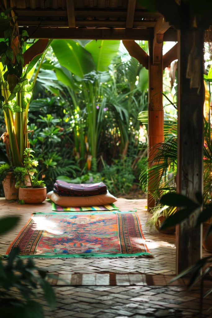 Silence and serenity permeate a simple yoga space for one. Here, a colorful outdoor mat awaits the embrace of morning stretches amidst the lush natural surroundings of this boho garden.