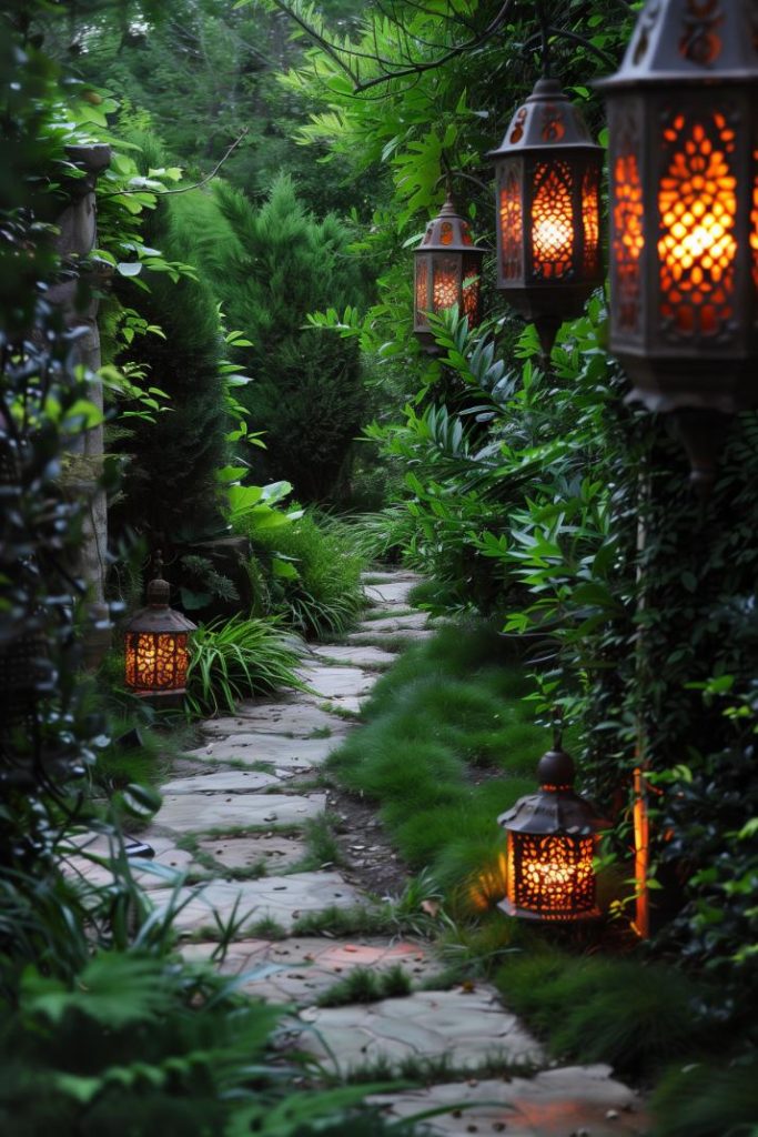 Iron-adorned lanterns, with patinas that speak of age, line paths in this pretty garden. They cast a warm glow that guides the nightly migrations.