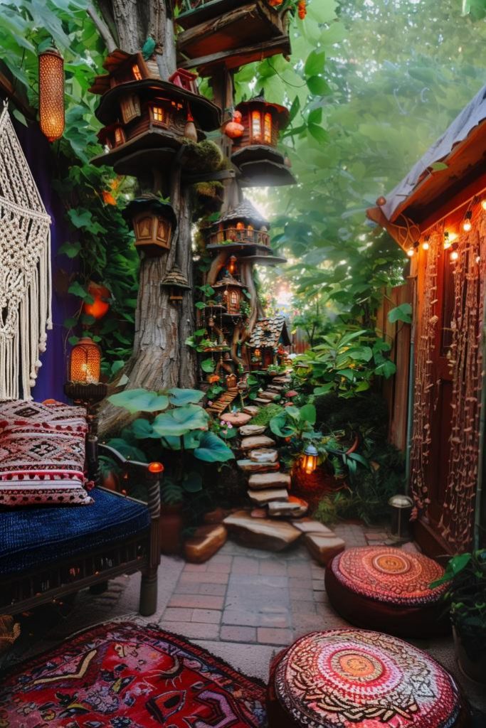 Tiny houses, bridges and mystical figures fill a tiny fairy garden. This magical tableau sits at the base of a tree in this magical and mystical boho garden, inviting one to lean in and take a closer look.