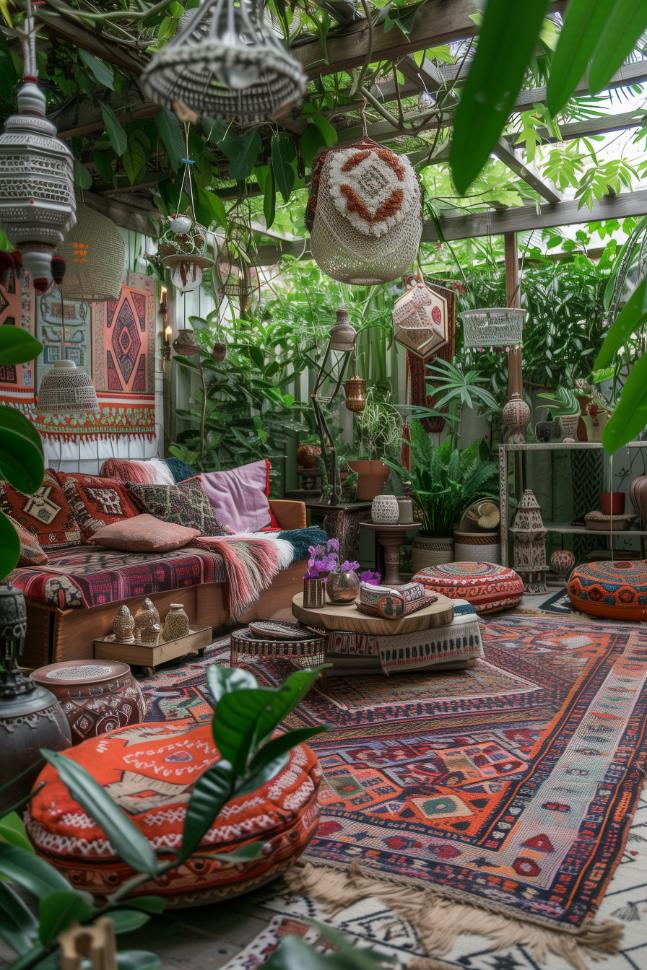 Plush vintage rugs and overstuffed cushions spread invitingly across the floor in this boho garden. They create a <a href=