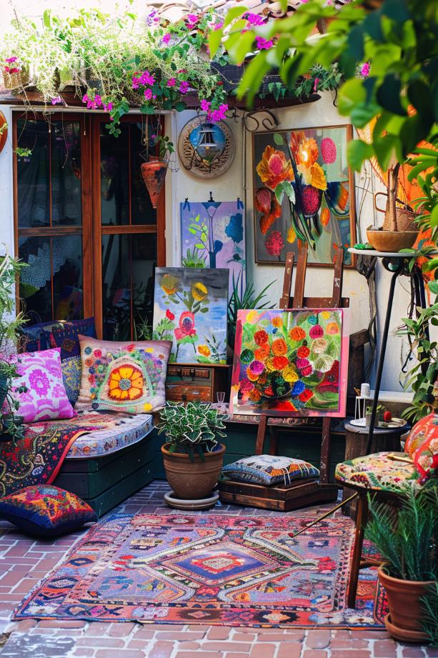 Canvases and easels occupy a corner of this boho garden, making a creative outdoor art oasis. Here, the colors of nature inspire masterpieces, and every brush stroke captures the imagination.