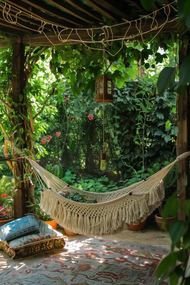 A hand-kicked macramé hammock filled with vines and flowers strung beneath the trees leisurely cradle you as you bask in the daffy light of this verdant boho enclave.