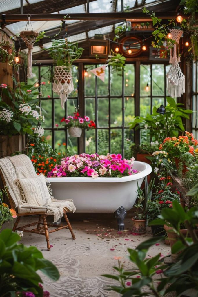 A clawfoot tub outfitted as a large planter is perfect for a boho garden bursting with abundant blooms and aromatic herbs. It is a functional centerpiece of an imaginative garden space.