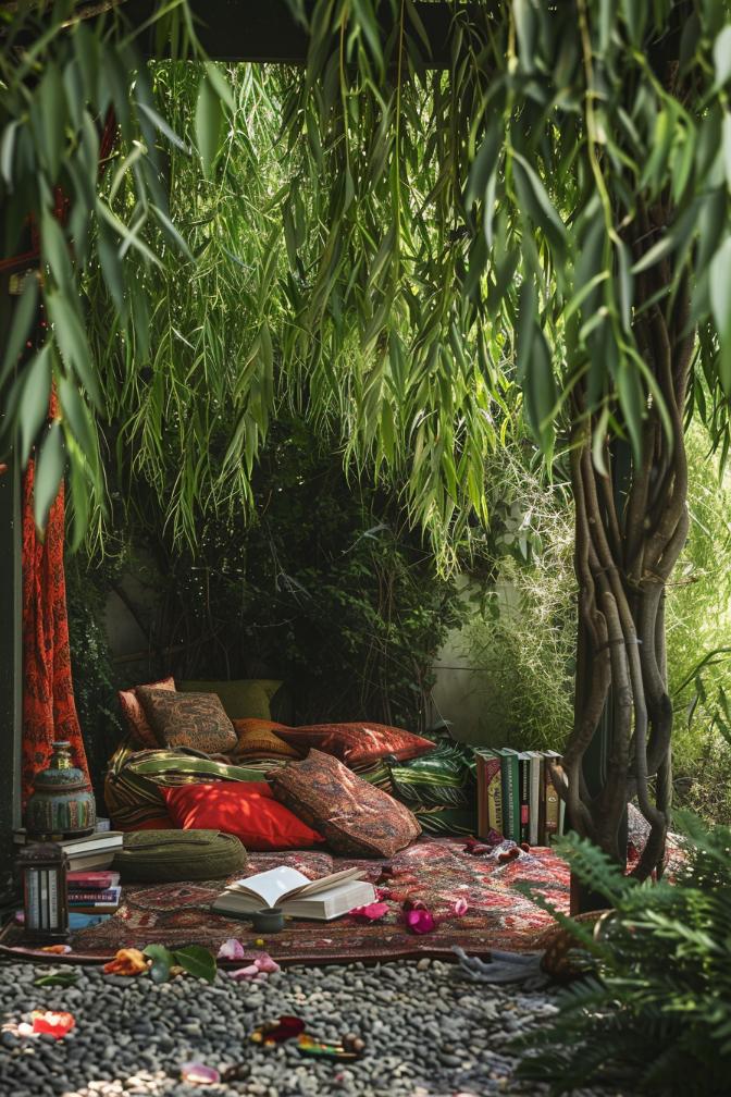 A reading nook tucked under a sloping willow tree is overflowing with cushions and good reads. It invites anyone to lose hours in the pages and petals.