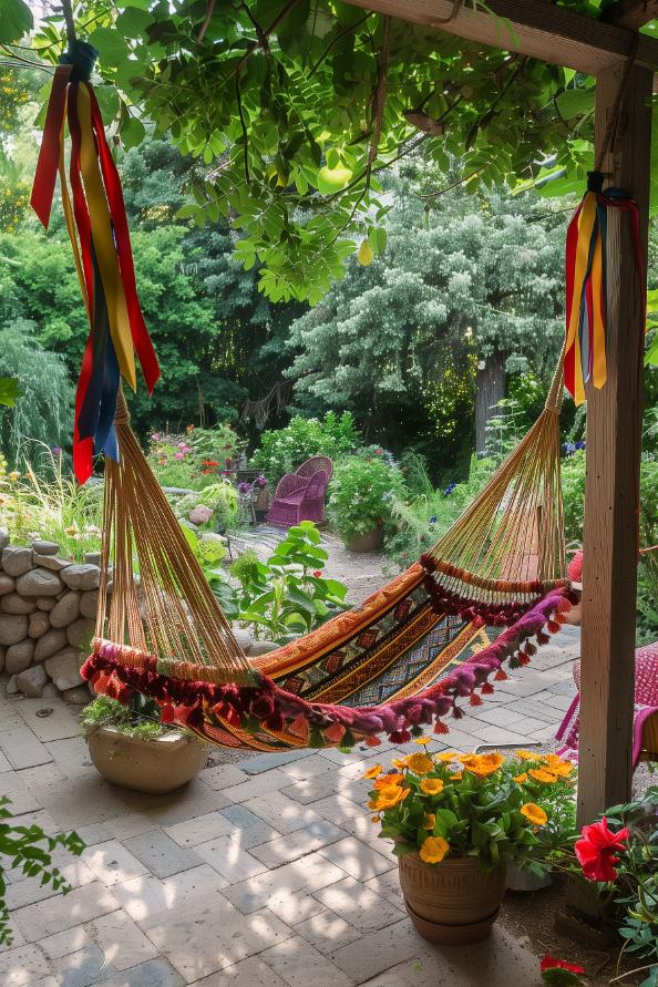 A woven hammock swing with multicolored satin ribbons sways in the gentle breeze in this bohemian garden. It's pretty and a perfect place to be for hours away.