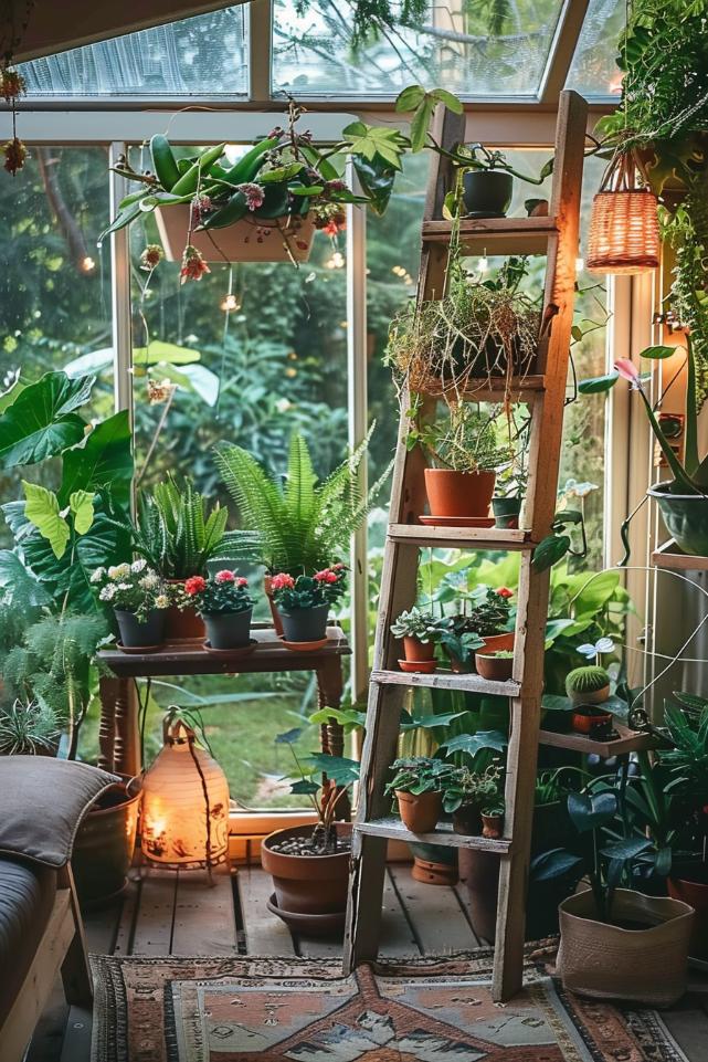 An old wooden ladder lovingly decorated with pots and flowering plants reaches skyward, creating a vertical focal point amid neutral, bohemian earthy decor.