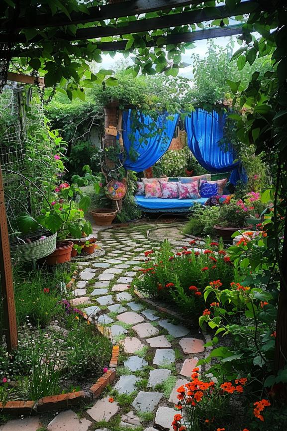 If you want a little Alice in Wonderland in your boho garden, create a fun garden maze with curved paths surrounded by fragrant herbs and vibrant petals. It is unique and will surely entertain guests.