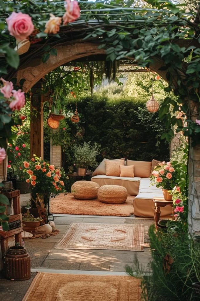 A shearling entryway layered with climbing roses and clematis frames the entrance to this fragrant boho garden. It whispers promises of magic and fun that lie beyond.