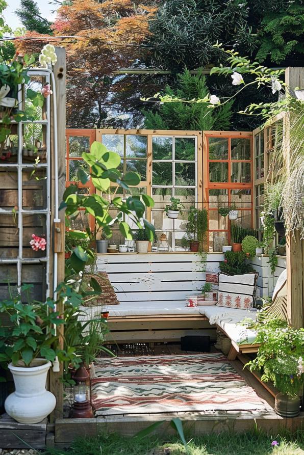 Weathered window frames, standing proudly as unique garden dividers, offer peeks into the various locations of this outdoor space. Each view is a framed work of greenery and art.