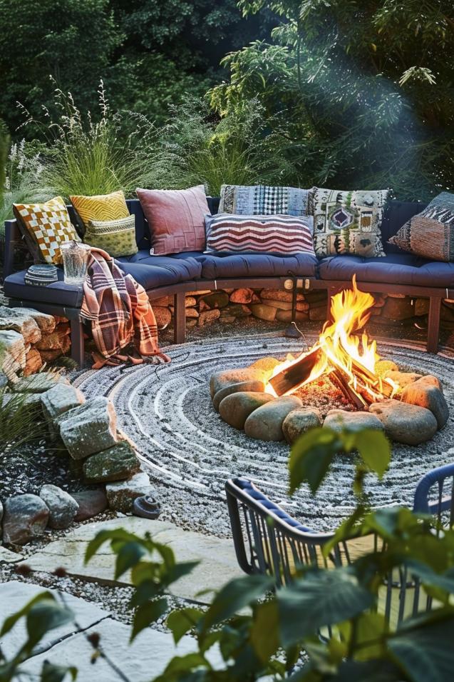 A fire pit area, its circle of stones, a hub for gathering, exudes warmth and camaraderie. It invites storytelling and the stars into the night and is perfect for chilly nights outdoors.