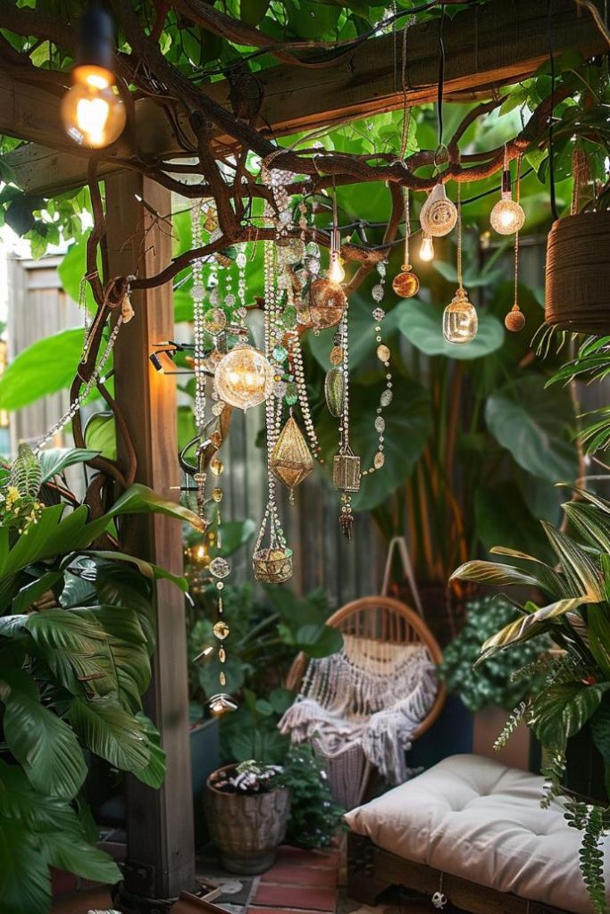 These handmade chandeliers -contrast with given objects and shimmering bagubles on an old oak tree. It sparkles like a unique constellation in the foliage.