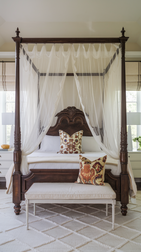 Add a four -poster bed for elegance