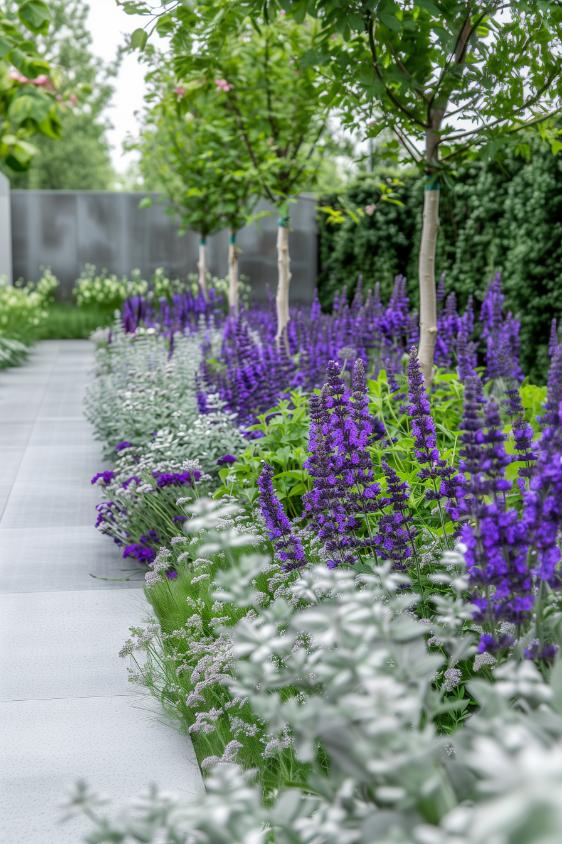 The slender lines of lavender stand out in monochromatic majesty, their hues against the contrasting green foliage. 