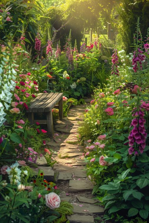 A winding cobblestone path invites you through a riot of blooming foxgloves and blushing roses, leading to a hidden garden bench. 