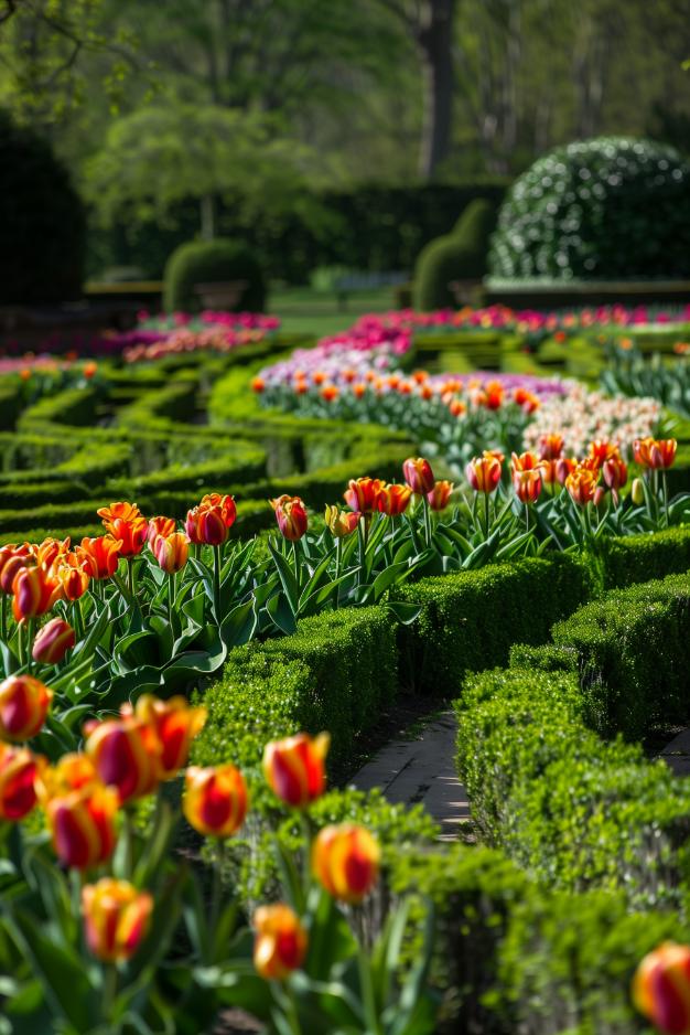 Geometric precision reigns supreme in this formal French parterre, where tulips rise like colorful sentinels between clipped boxwood hedges. 