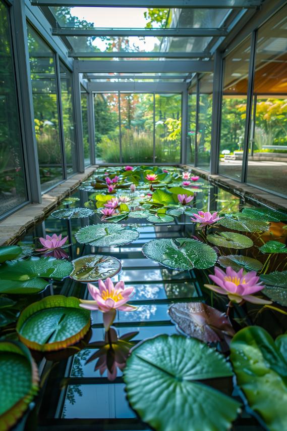 Water lilies, with their elegant blooms, rest gently on the glassy surface of a tranquil pond, infusing the air with a sense of peace. 