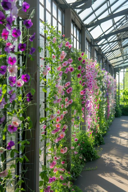 Sweet peas, with their delicate tendrils and perfumed flowers, intertwine along black trellises, creating an aromatic tapestry that covers the garden in blooming threads. 