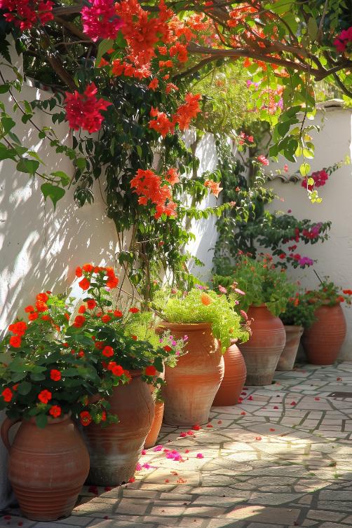 Terracotta pots set against a wall bathed in warm sunlight stand out with the bright colors of geranium and the cascading vibrancy of bougainvillea. 