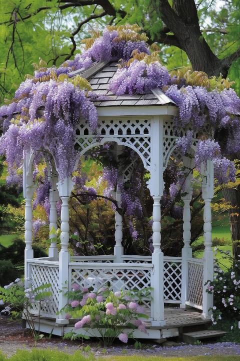 Wisteria cascades gracefully over the elegant trellis of a gazebo, its vines heavy with clusters of perfumed flowers setting the scene for enchantment. 