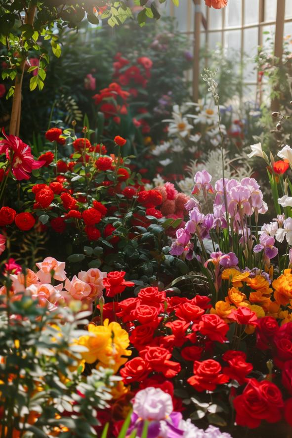 A display of flowers transitions seamlessly from passionate red roses to irises in twilight. This garden is a vibrant rainbow, blooming one vibrant brushstroke at a time.