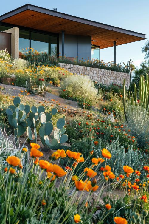 Cacti and poppies rise from the sandy soil, their resilience a testament to nature's adaptability. 