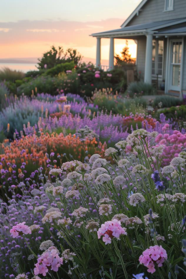 A mix of blooms like phlox and lavender add splashes of purple and pink, mimicking the vibrant hues of a sunset and inviting you to stroll through and soak up the tranquil atmosphere.