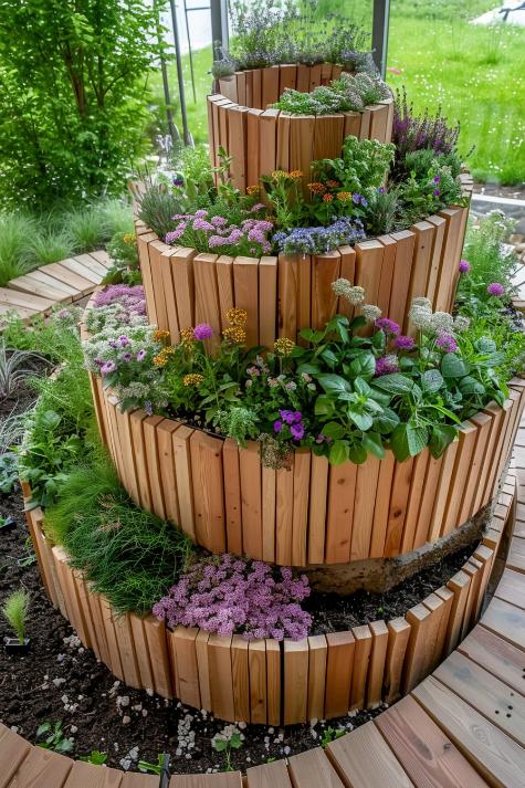 In this ingeniously designed herb spiral, fragrant flowering herbs such as basil and dill rise in a mesmerizing swirl, creating a vertical feast of scents and aromas. 