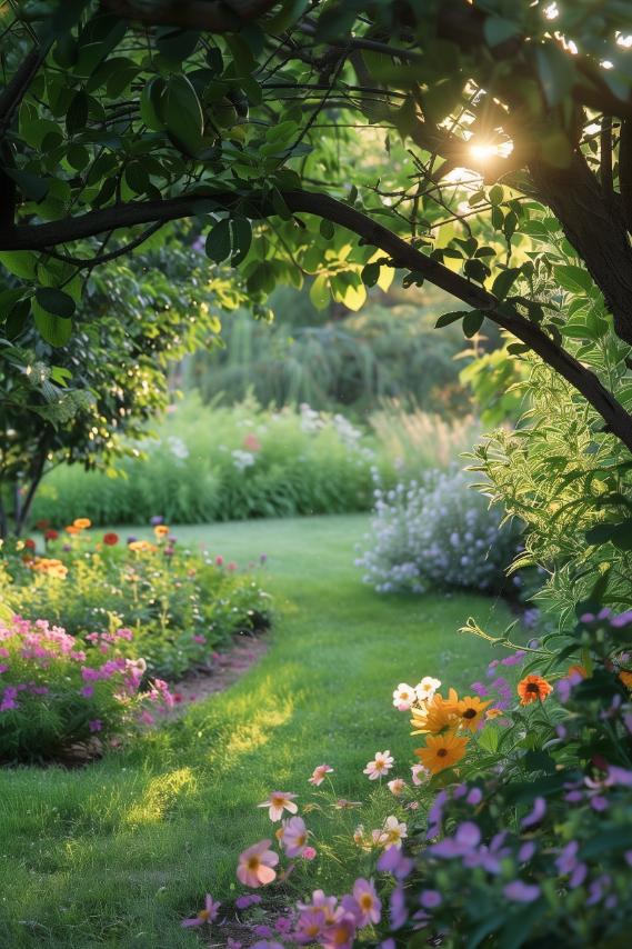 Protected under the desired light of grand tree branches, a lush underplanting of shade-loving blooms flourishes, creating a verdant layer of tranquility beneath the orchard's abundant crop. 