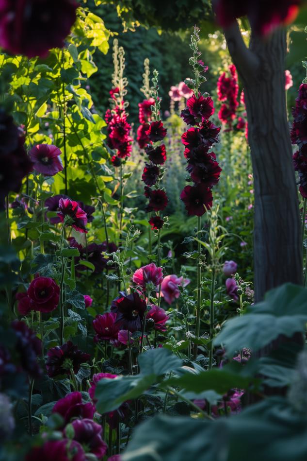 Tall, dark hollyhocks contrast with the green foliage, creating a scene of Gothic romance within the garden boundaries. 