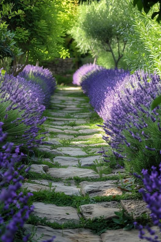 At the end of the path awaits a secluded alcove, enveloped in the tranquil embrace of this English Lavender Lane, offering a peaceful retreat that gently saturates the senses like a whispered lullaby.