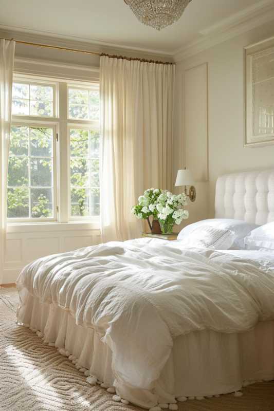 A sun -drenched bedroom with a large bed, white <a href=