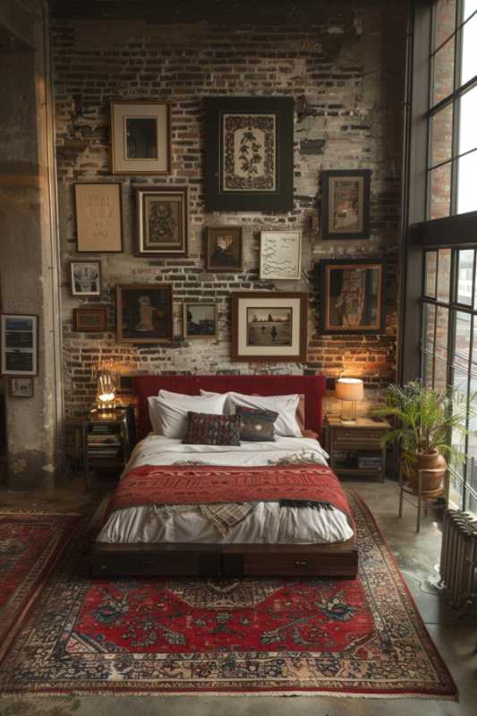 A cozy bedroom with a large bed and several pillows, a brick wall with framed works of art and large windows with a view of an urban scene. The room is kept in an eclectic vintage style.