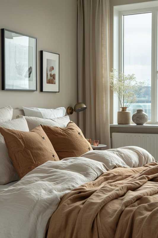 Next to a window with beige curtains is a neatly made bed with white and brown bed linen. Two framed pictures hang on the wall above the bed, and there is a small table with a plant.