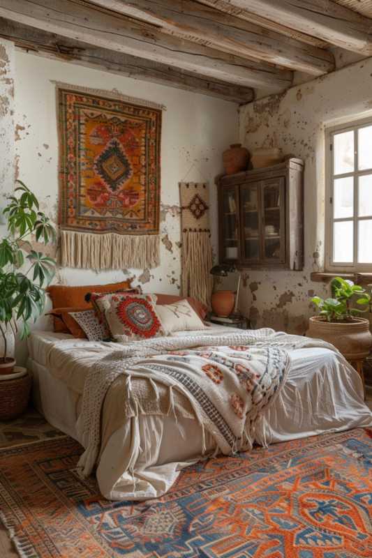 A cozy bedroom in a rustic style with a wall carpet and a plant on the left, a bed with decorative pillows and ceilings, a cabinet and window on the right side and a patterned carpet.