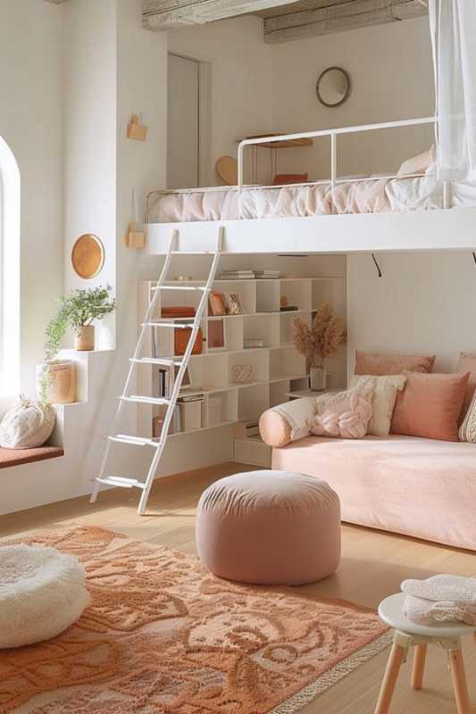 A cozy loft bedroom with a white ladder that leads to an upper bed, a peach-colored living area with a sofa and stool, a patterned carpet, shelves with books and decoration and a window seat with pillows.