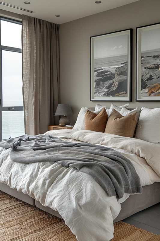 A modern bedroom has a neatly made bed with a white and beige bed linen, several pillows, a gray blanket, two framed pictures on the wall, a lamp and a window with curtains.