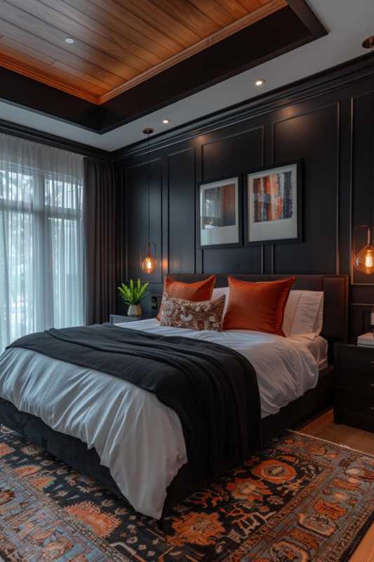 A modern bedroom has a large bed with white and black bed linen, orange pillows, two hanging lamps, wall art, dark panel walls and a patterned carpet.