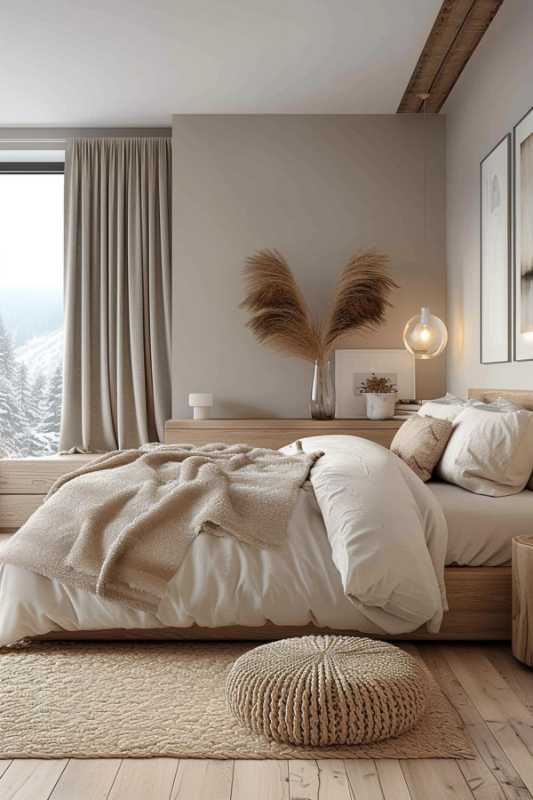 A cozy bedroom in neutral colors with a bed with a beige bed linen, a knitting blanket, a bedside table with lamp and decoration objects, a carpet and a window with a view of the snowy landscape.